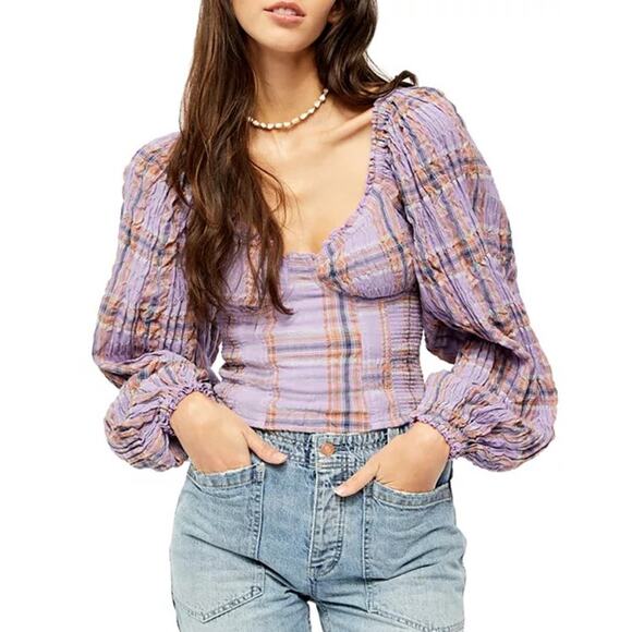 Free People Women's size Large Purple Plaid Puff Sleeve Babydoll Blouse Cropped - Picture 1 of 10